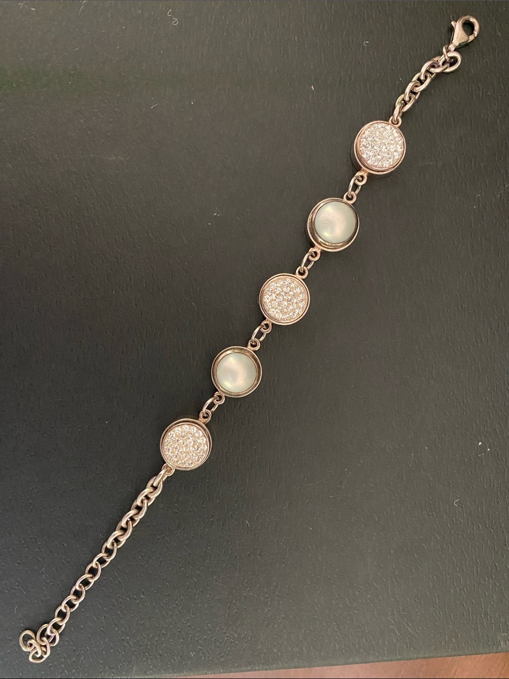 925 Sterling Pearl Cabochon and Crystal Link Bracelet - Women's Jewelry